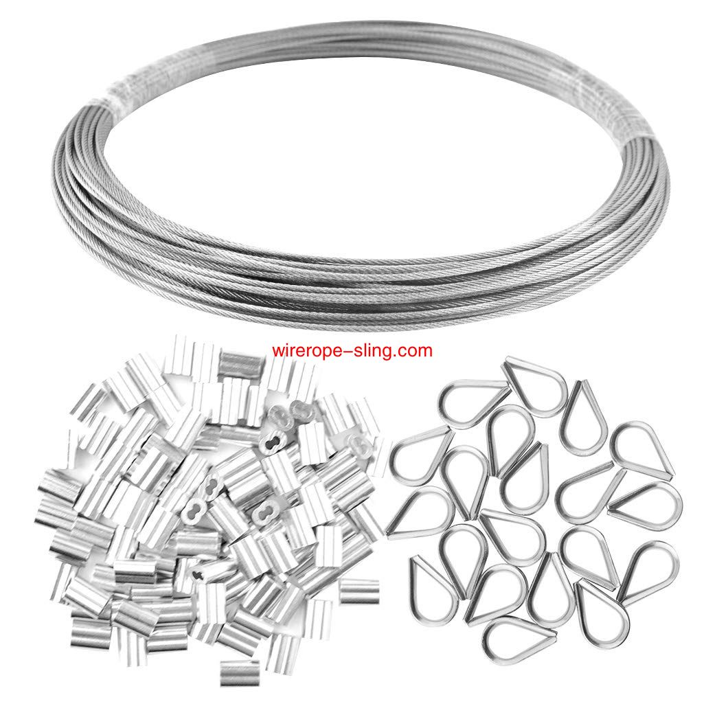 1/16inch x 66Feet Stainless Steel Wire Rope Cable 100Pcs Aluminum Crimping Sleeves and 20Pcs Stainless Steel Thimble Cable Railing Kits