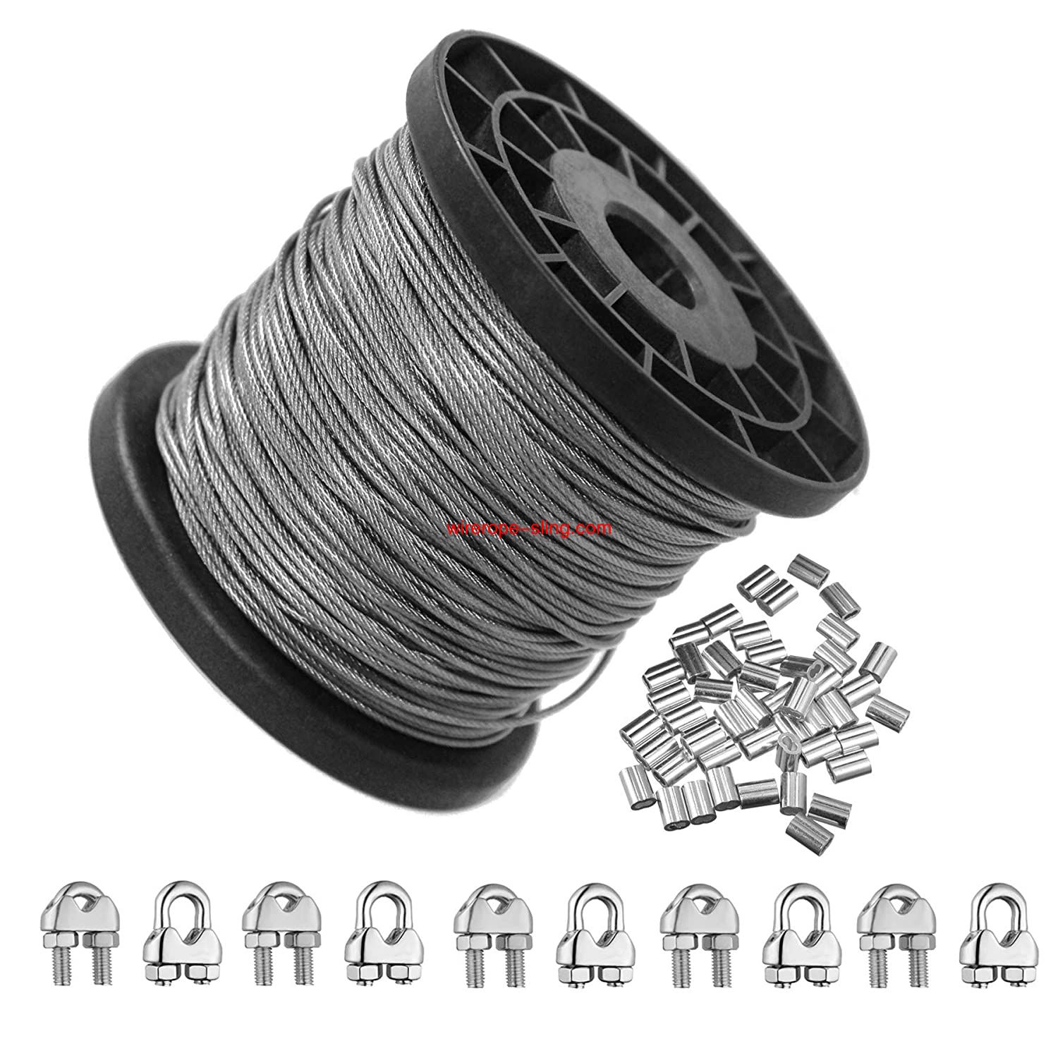 1/16 Inch Vinyl Coated Wire Rope Kit,330 Feet Stainless Steel 304 Wire Rope with 50 PCS Aluminum Crimping Loop and 10 PCS Clamps