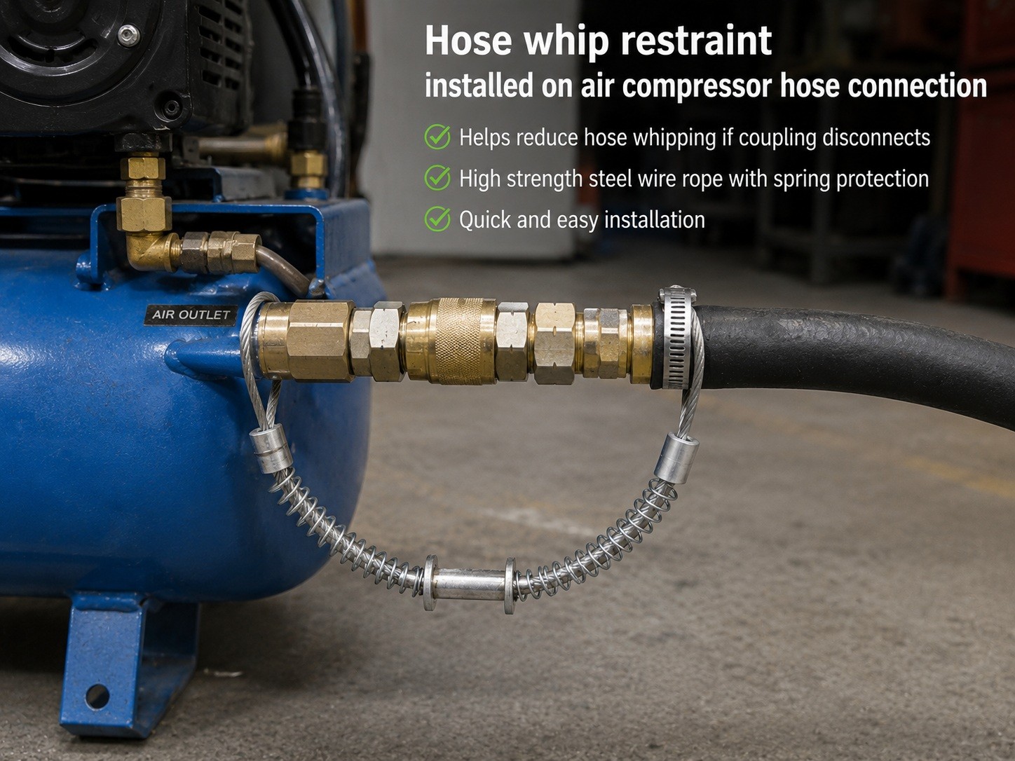 Hose whip restraint installed on air compressor hose connection Hose whip restraint installed on air compressor hose connection