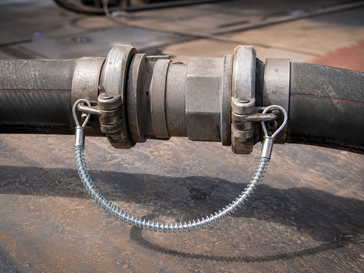 Abrasive blasting hose safety cable installed on blasting hose connection Abrasive blasting hose safety cable installed on blasting hose connection