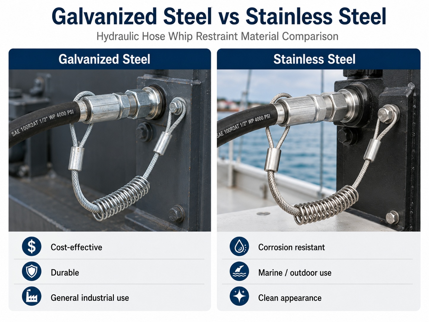 Galvanized steel and stainless steel hydraulic hose whip restraint material comparison Galvanized steel and stainless steel hydraulic hose whip restraint material comparison