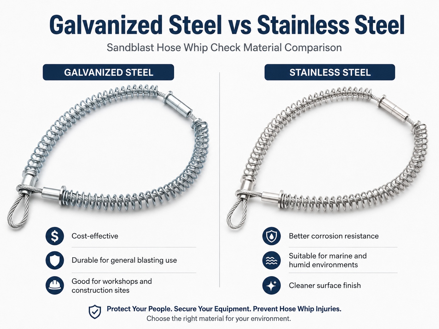 Galvanized steel and stainless steel sandblast hose whip check material comparison Galvanized steel and stainless steel sandblast hose whip check material comparison