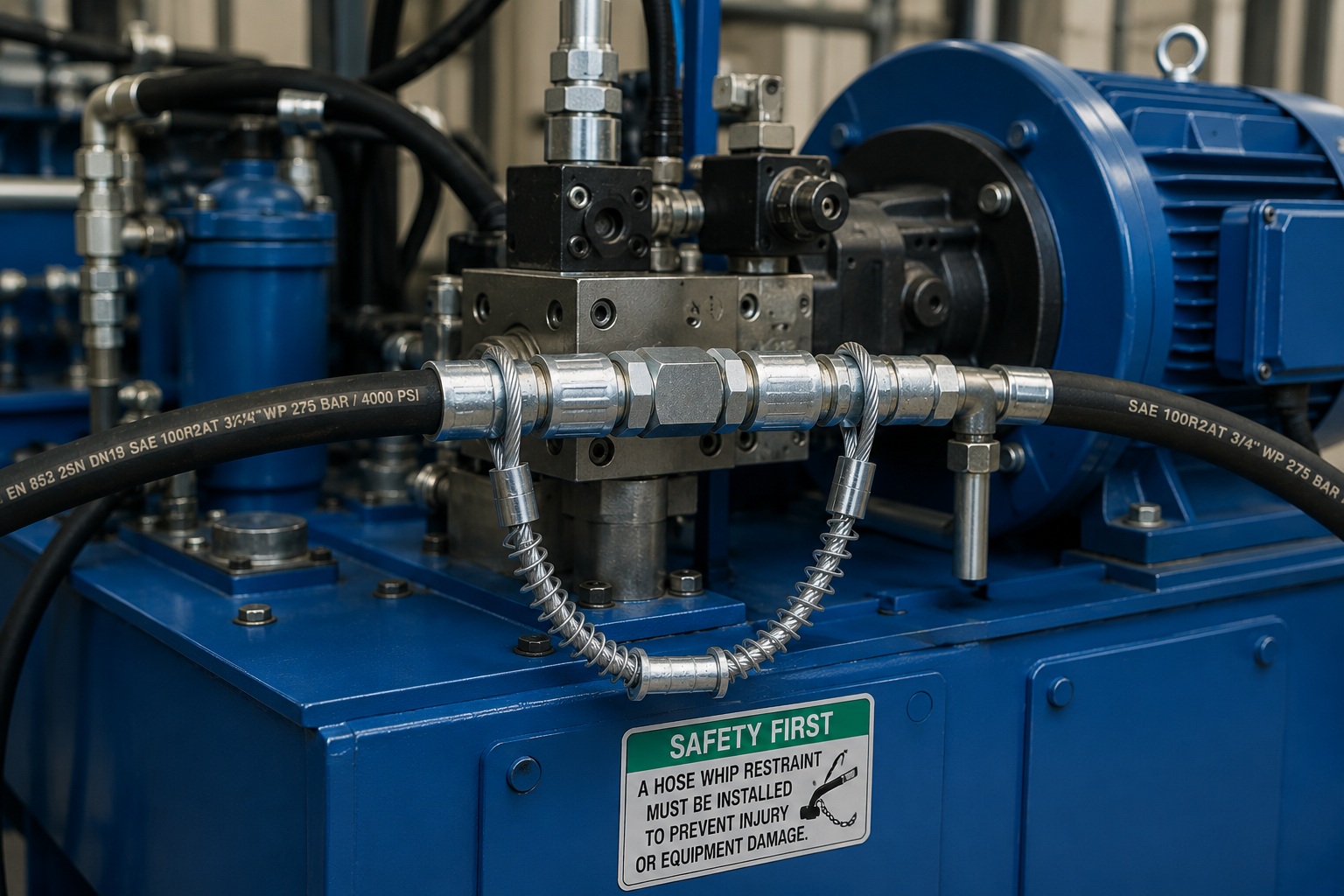 High pressure hose restraint installed on industrial hydraulic power unit High pressure hose restraint installed on industrial hydraulic power unit