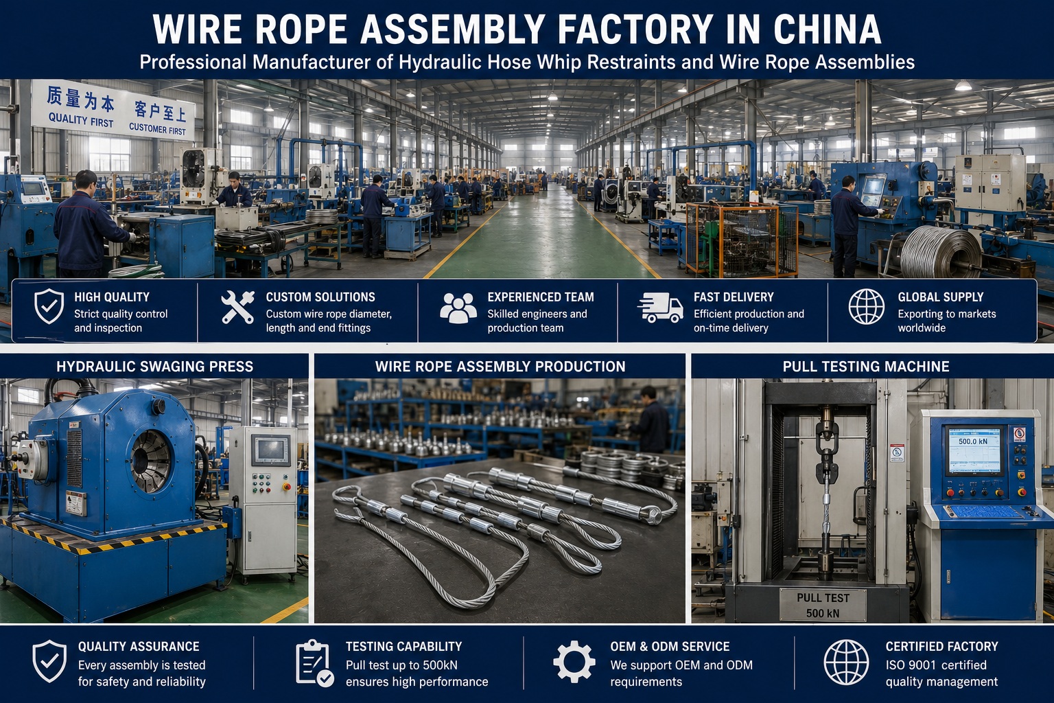 Wire rope assembly factory in China with hydraulic swaging press and pull testing machine Wire rope assembly factory in China with hydraulic swaging press and pull testing machine