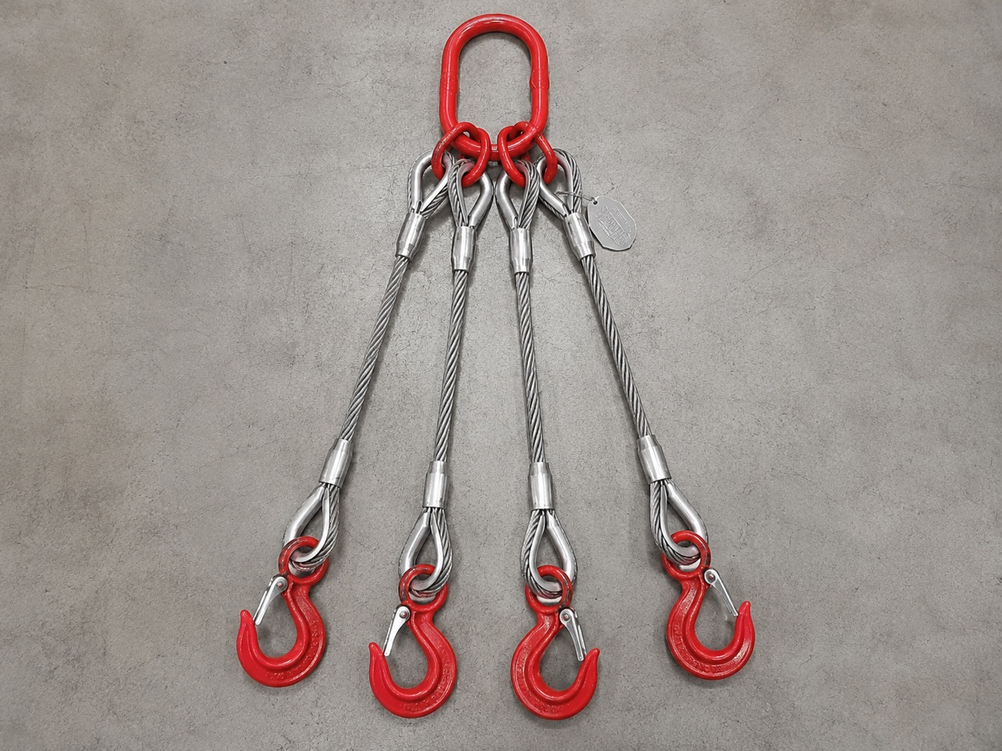4 Leg Wire Rope Sling 16mm x 3m with Master Link and Hooks 4 leg wire rope sling 16mm x 3m with master link hooks thimble eyes swaged sleeves and metal tag