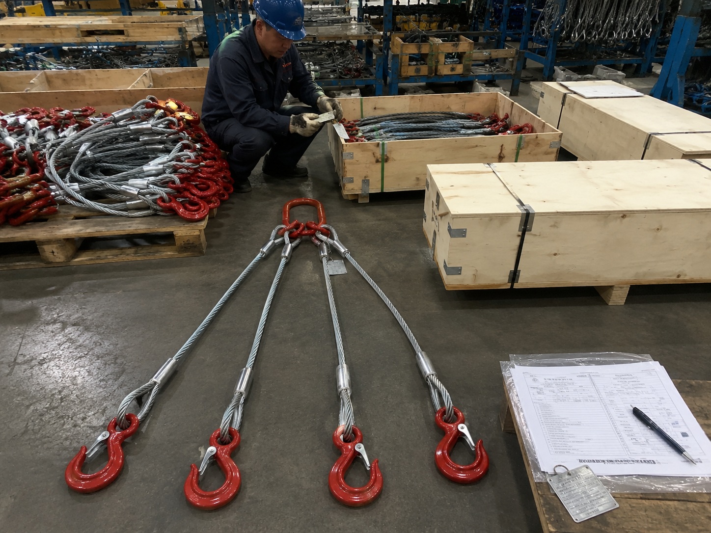 4 Leg Wire Rope Sling 16mm x 3m Production and Packing 4 leg wire rope sling 16mm x 3m production and packing with inspection documents metal tags pallets and wooden cases