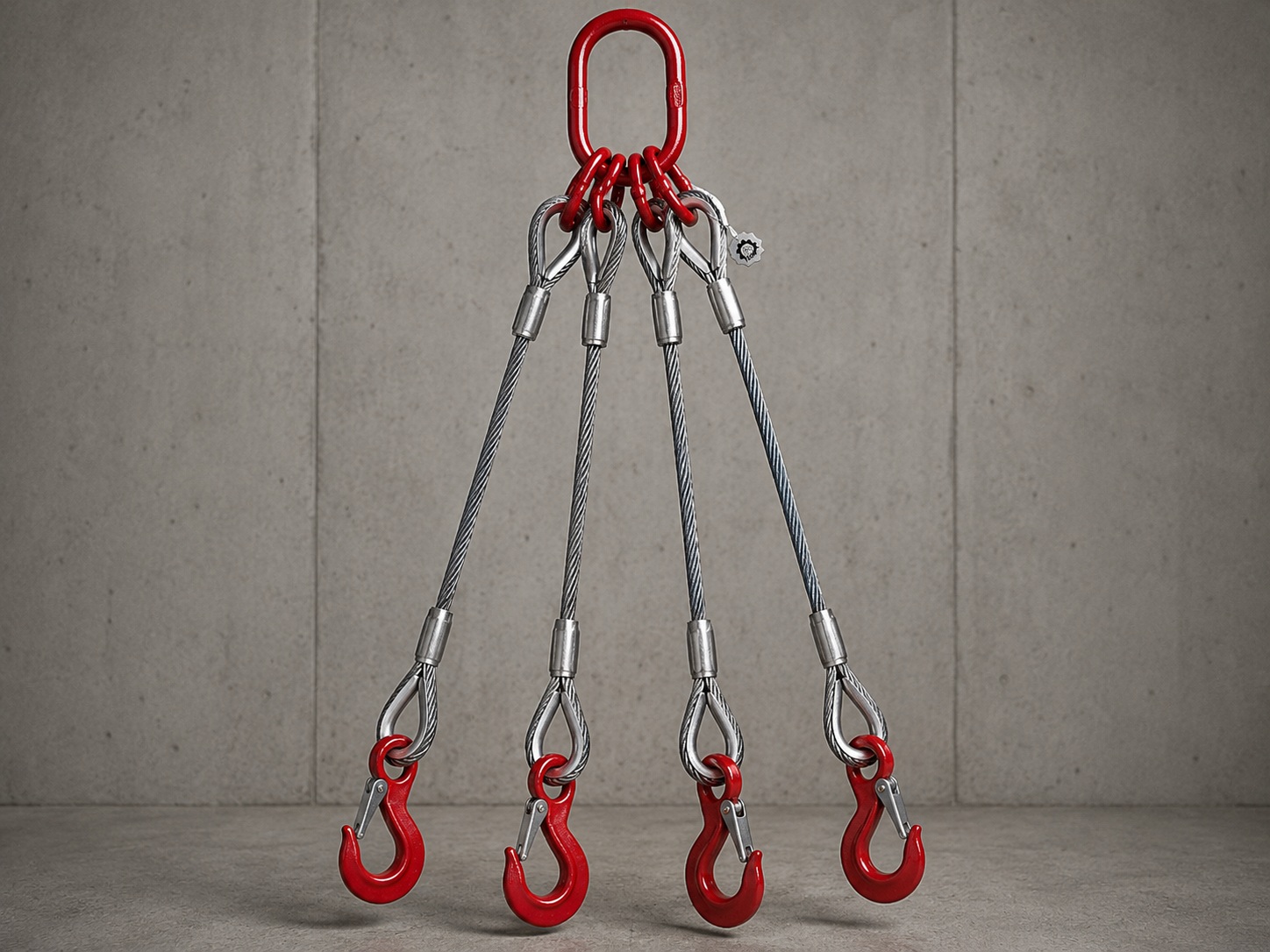 4 Leg Wire Rope Sling 16mm x 3m Structure 4 leg wire rope sling 16mm x 3m structure with master link four rope legs hooks thimble eyes and swaged sleeves