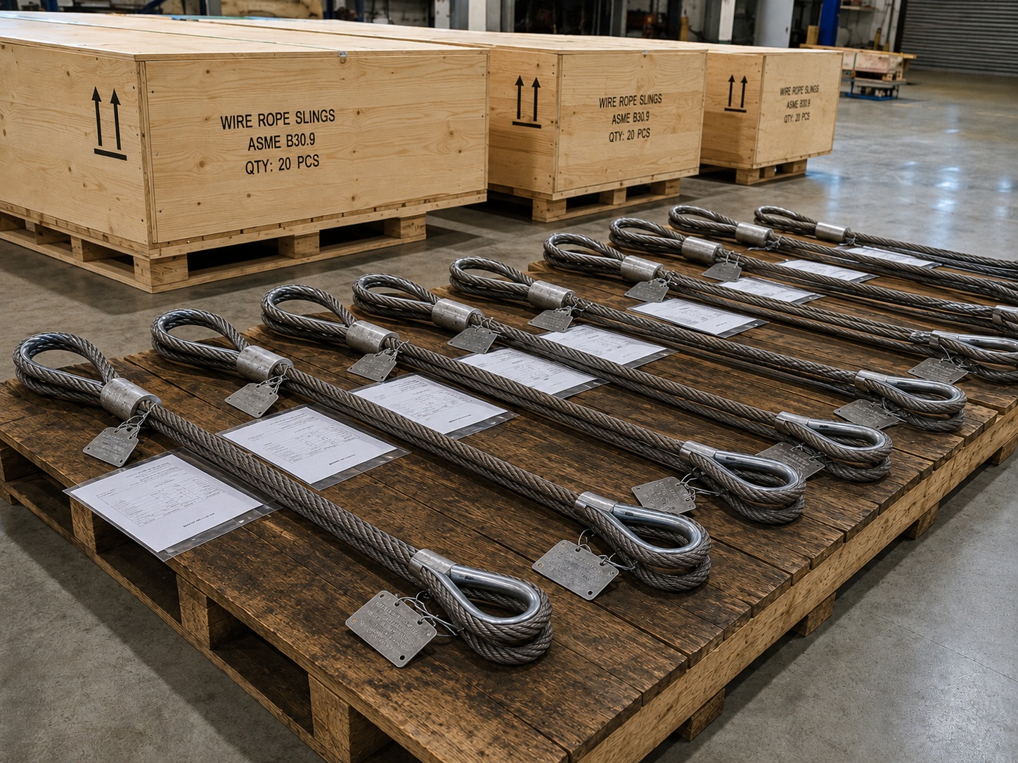 ASME B30.9 wire rope slings packed with tags documents pallets and export crates