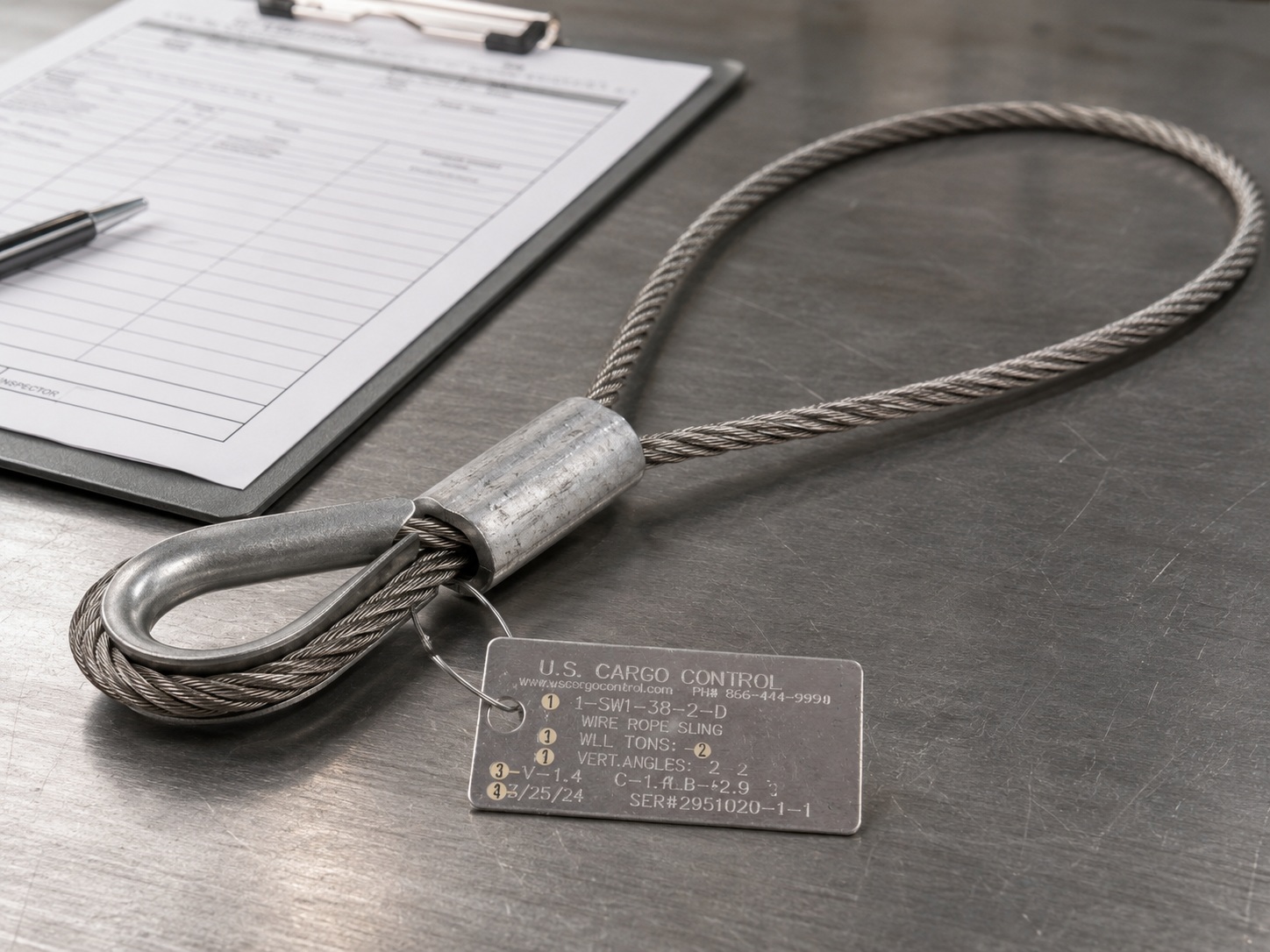 ASME B30.9 wire rope sling with identification tag thimble eye pressed sleeve and inspection document