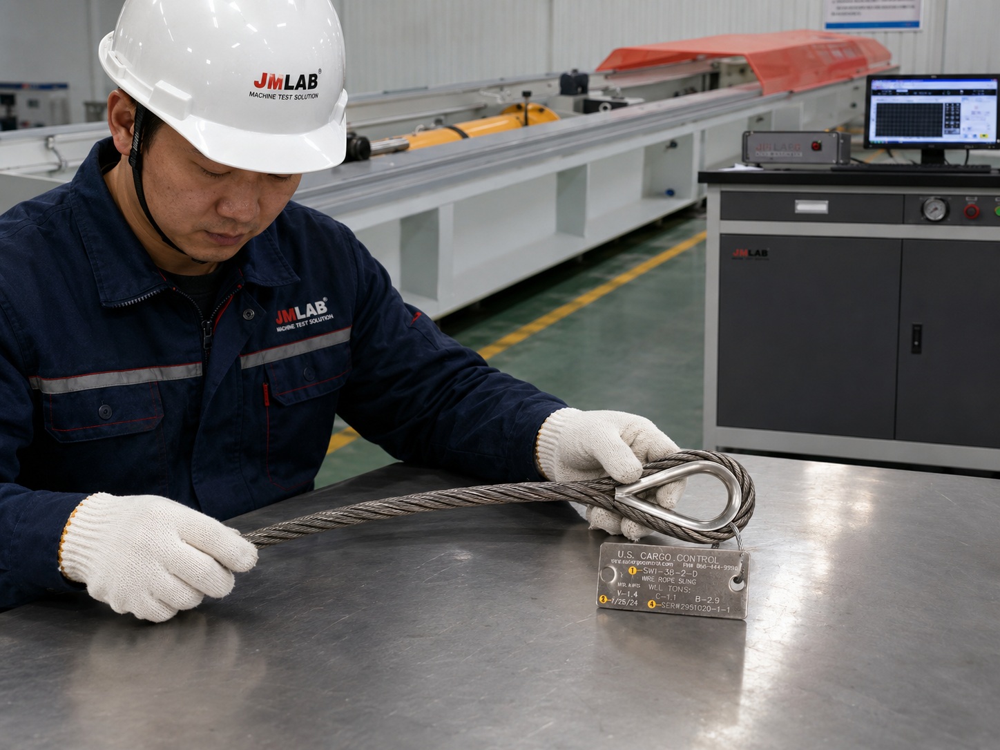 ASME B30.9 wire rope sling inspection with thimble eye swaged sleeve and metal tag