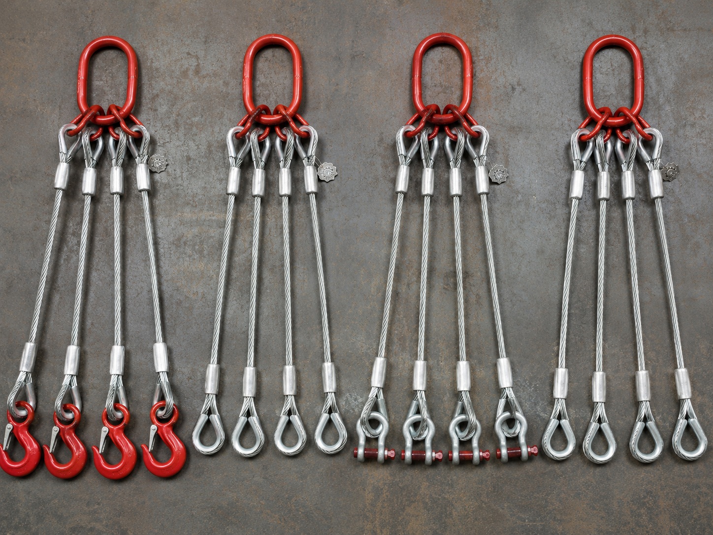 Custom 4 Leg Wire Rope Sling 16mm x 3m Options Custom 4 leg wire rope sling 16mm x 3m options with master links hooks shackles thimble eyes swaged sleeves and metal tags