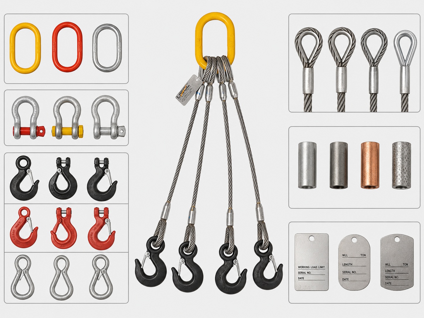 Custom Bridle Wire Rope Sling 16mm x 3m Options Custom bridle wire rope sling 16mm x 3m options with master links hooks shackles thimble eyes swaged sleeves and metal tags