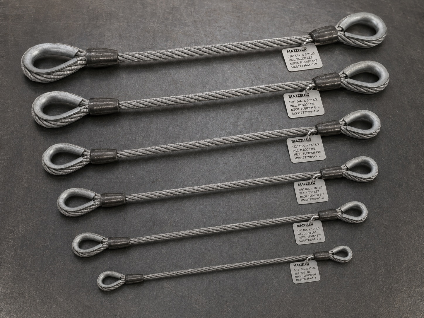 Custom Flemish Eye Wire Rope Sling Options Custom Flemish eye wire rope sling options with different rope diameters eye sizes thimbles swaged sleeves and metal tags