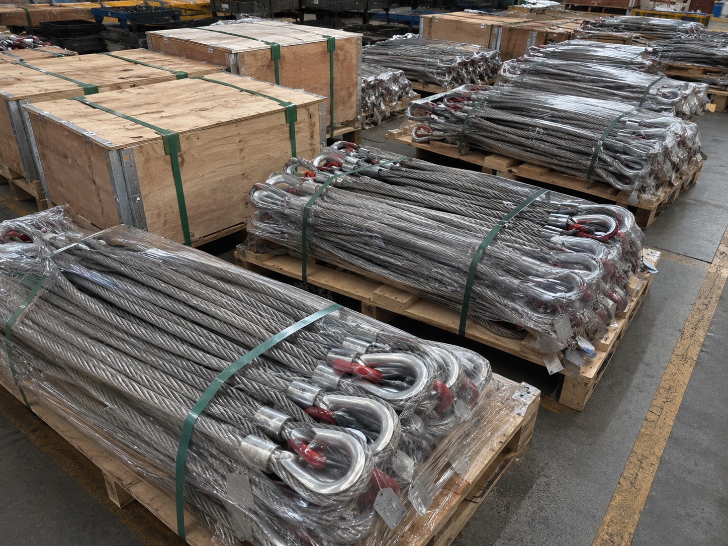Custom marine wire rope sling packed on pallets and wooden crates for export delivery