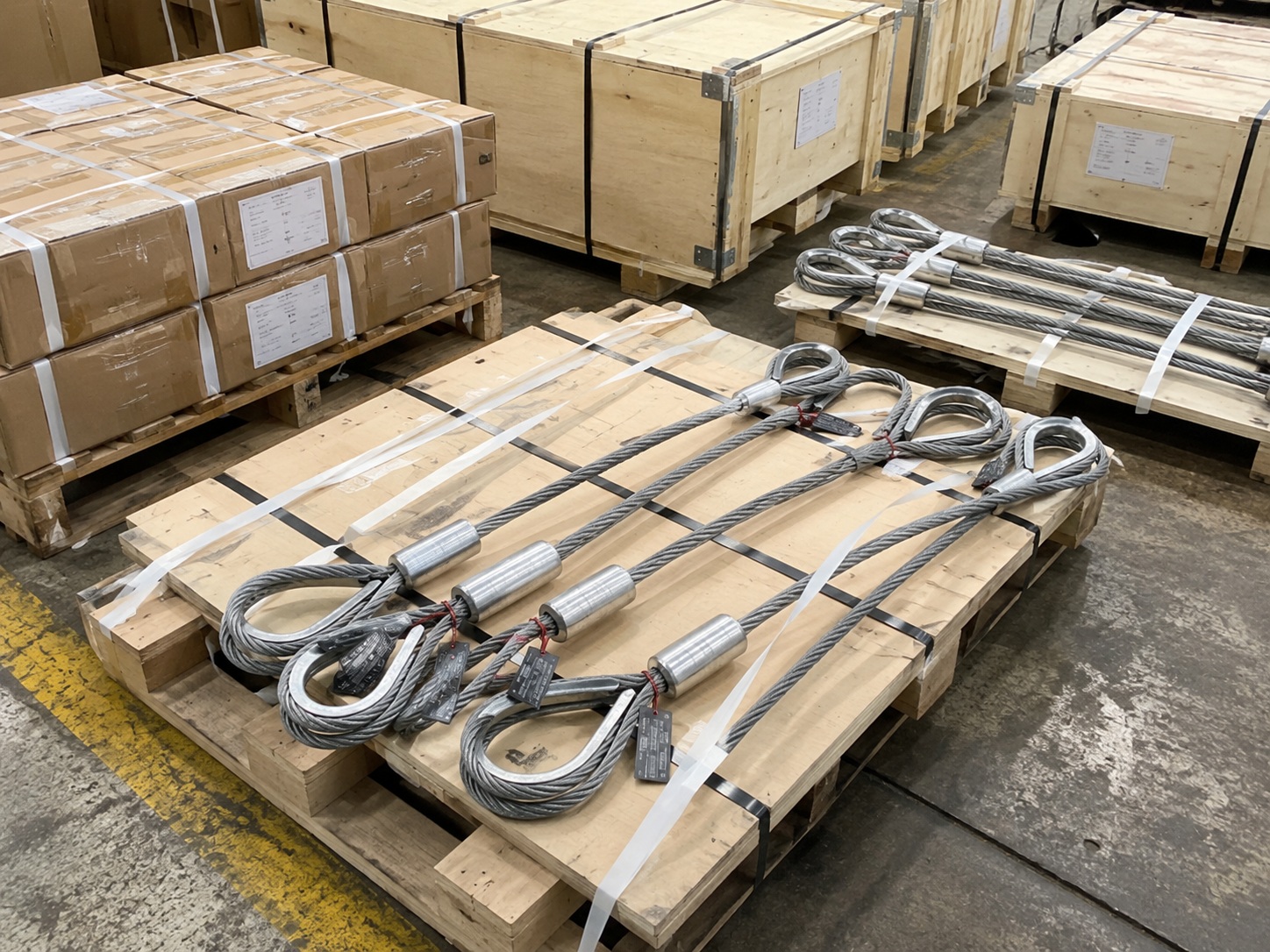 Custom offshore wire rope sling packed with tags pallets and export crates for marine projects