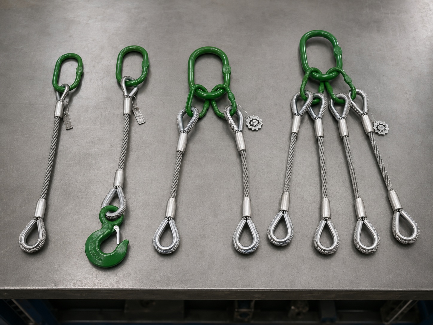 Custom Steel Wire Rope Sling Options Custom steel wire rope sling options with thimble eyes hooks shackles and metal tags