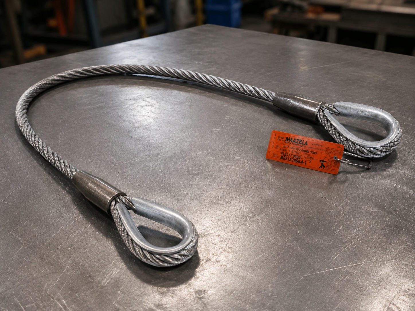 Flemish Eye Wire Rope Sling 5/8in x 10ft WLL 3.9T Flemish eye wire rope sling 5/8in x 10ft WLL 3.9T vertical with mechanical splice thimble eyes swaged steel sleeve and metal tag