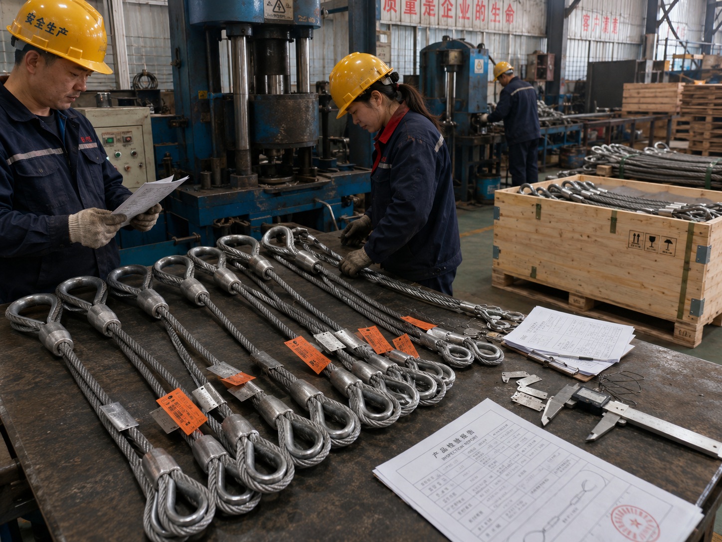Flemish Eye Wire Rope Sling Production and Packing Flemish eye wire rope sling production and packing with inspection documents metal tags pallets and wooden cases
