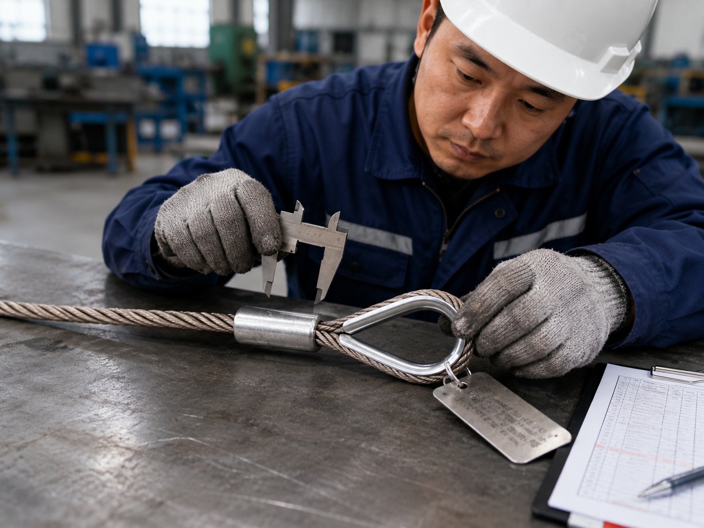 Proof Tested Wire Rope Sling Inspection Details Proof tested wire rope sling inspection with swaged sleeve thimble eye and metal tag