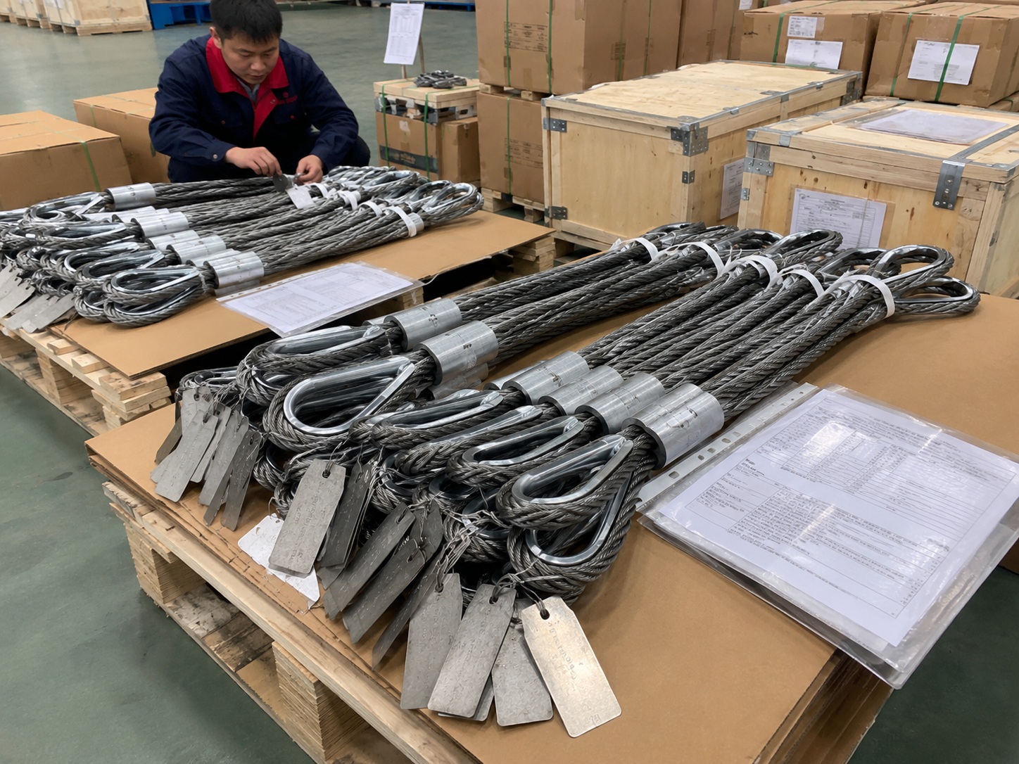 Proof Tested Wire Rope Sling Packed with Certificates Proof tested wire rope slings packed with tags certificates and export pallets