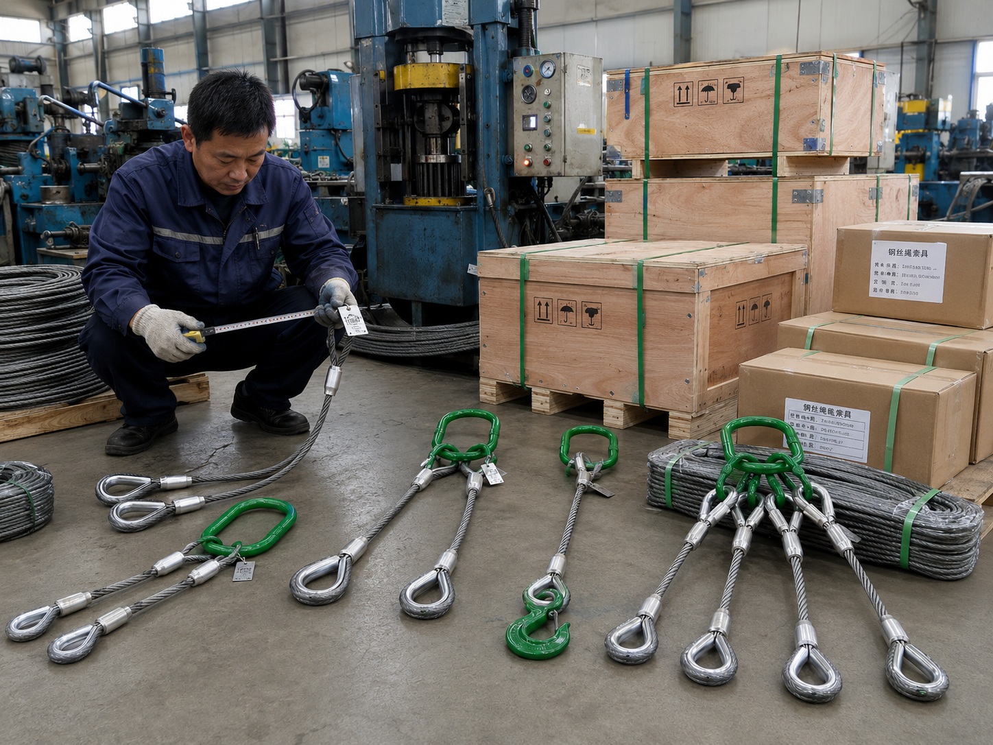 Steel Wire Rope Sling Production and Packing Steel wire rope sling production and packing with pallets wooden cases metal tags and inspection documents