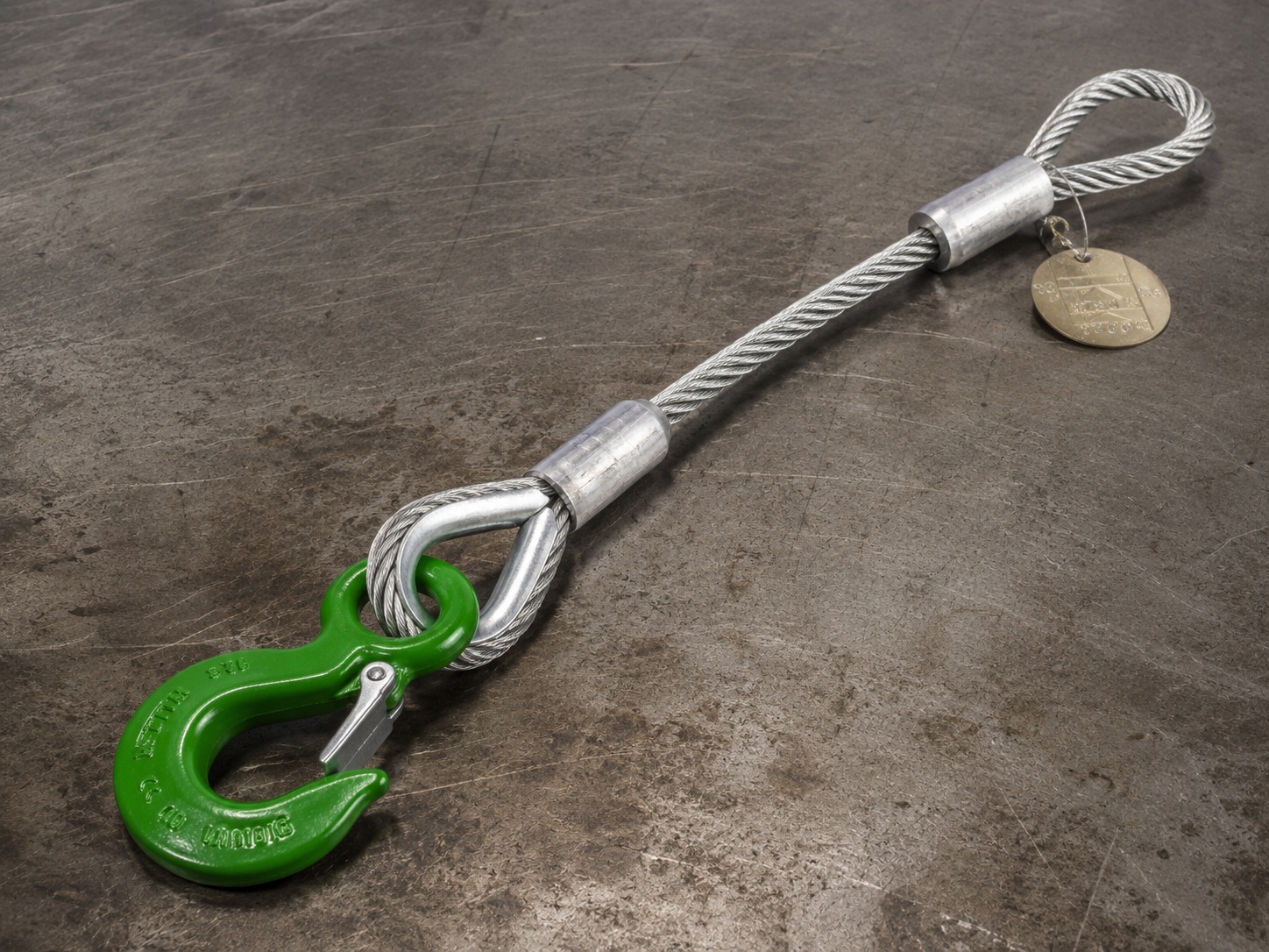 Wire Rope Lifting Sling for Industrial Rigging Wire rope lifting sling with thimble eyes swaged sleeves hooks and metal tags for industrial rigging