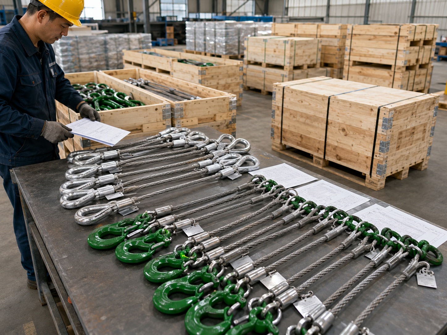 Wire Rope Lifting Sling Production and Packing Wire rope lifting sling production and packing with metal tags inspection documents pallets and wooden cases