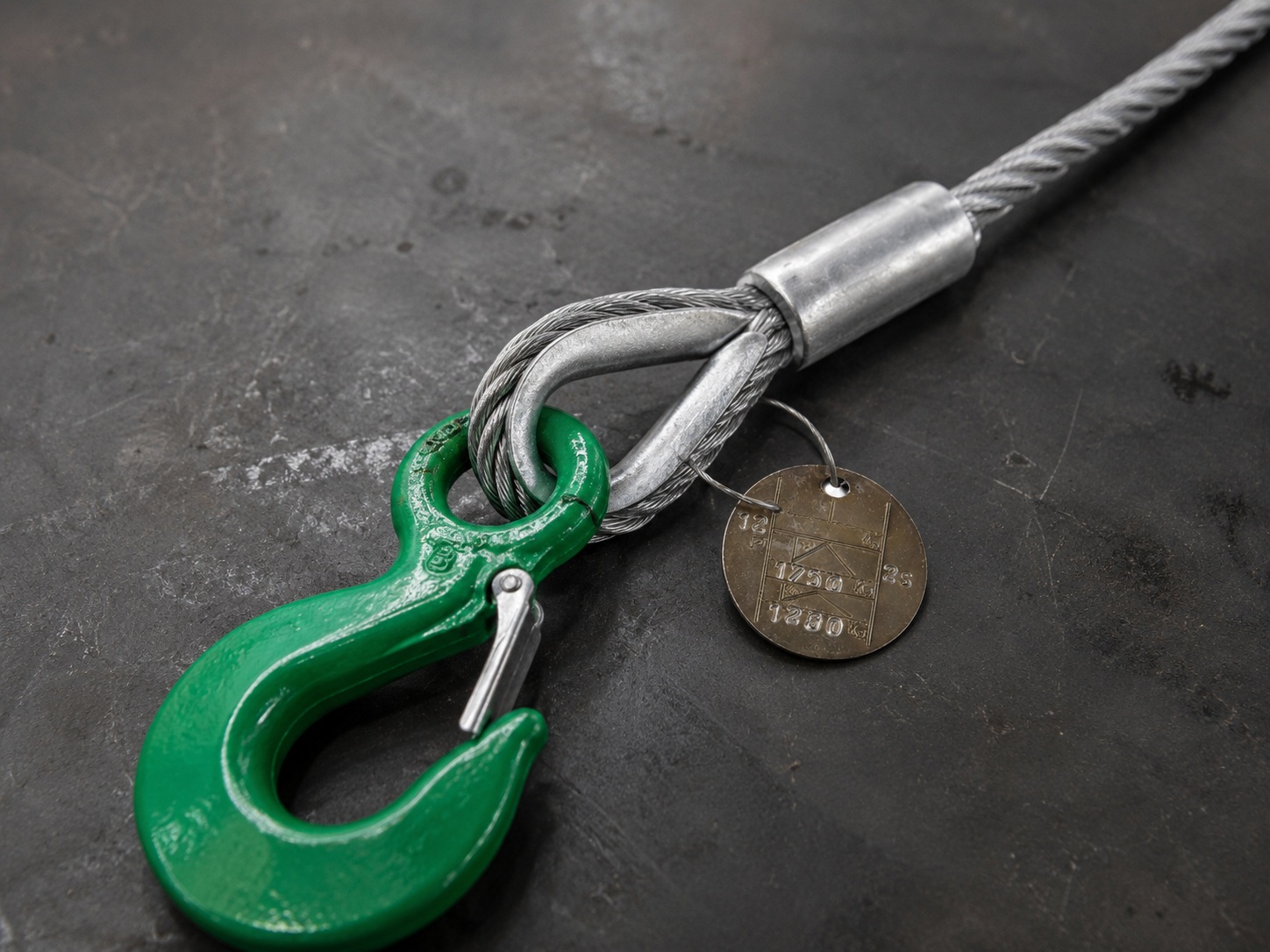 Wire Rope Lifting Sling Structure Details Wire rope lifting sling structure with single rope body thimble eye pressed sleeve hook and metal tag